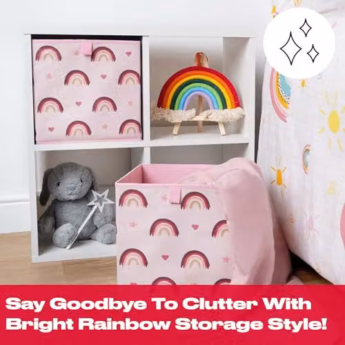 OHS Pack of 2 Rainbow Print Foldable Kids Storage Cube Organisers in Pink and Purple, W/D/H: 27.0 x 27.0 x 27.0 cm – 2