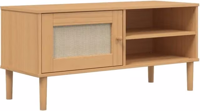 Berkfield Home SENJA TV Cabinet in Light Brown Solid Pine Wood with Rattan Look, W/D/H: 106 x 40 x 49 cm – 1