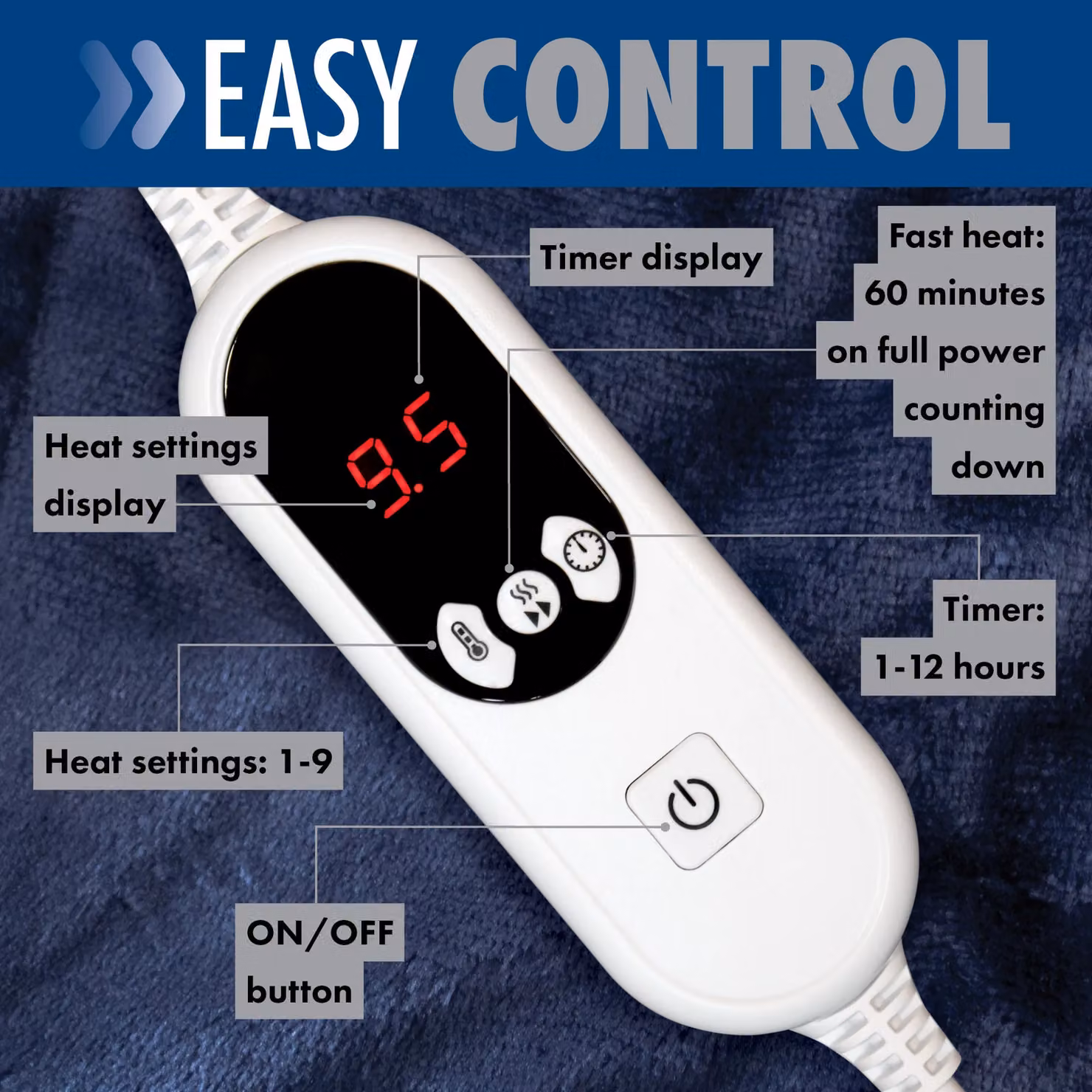 Purus Deluxe XL Navy Blue Electric Heated Double Over Blanket with Soft Fleece and Variable Heat and Timer Settings – 4