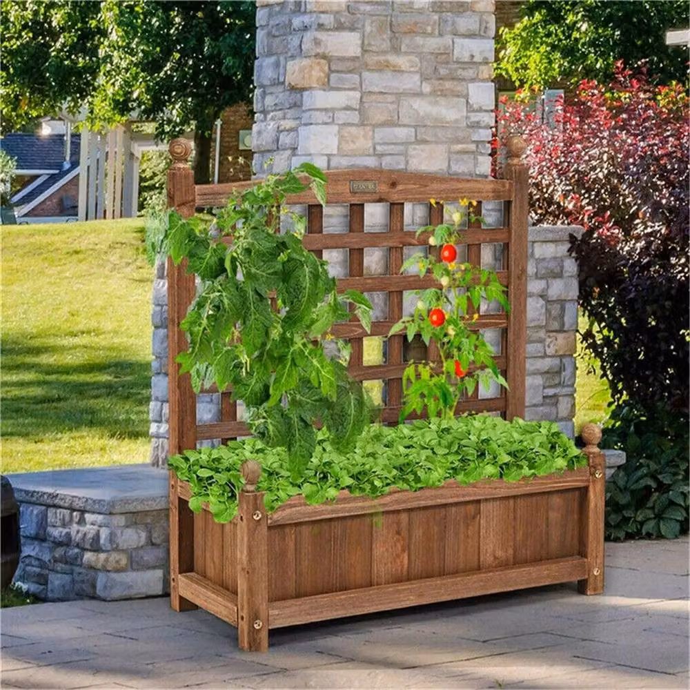 VOGREX Small Freestanding Raised Wooden Garden Planter Box with Trellis in Brown, W/D/H: 76.0 x 63.5 x 29.0 cm – 3