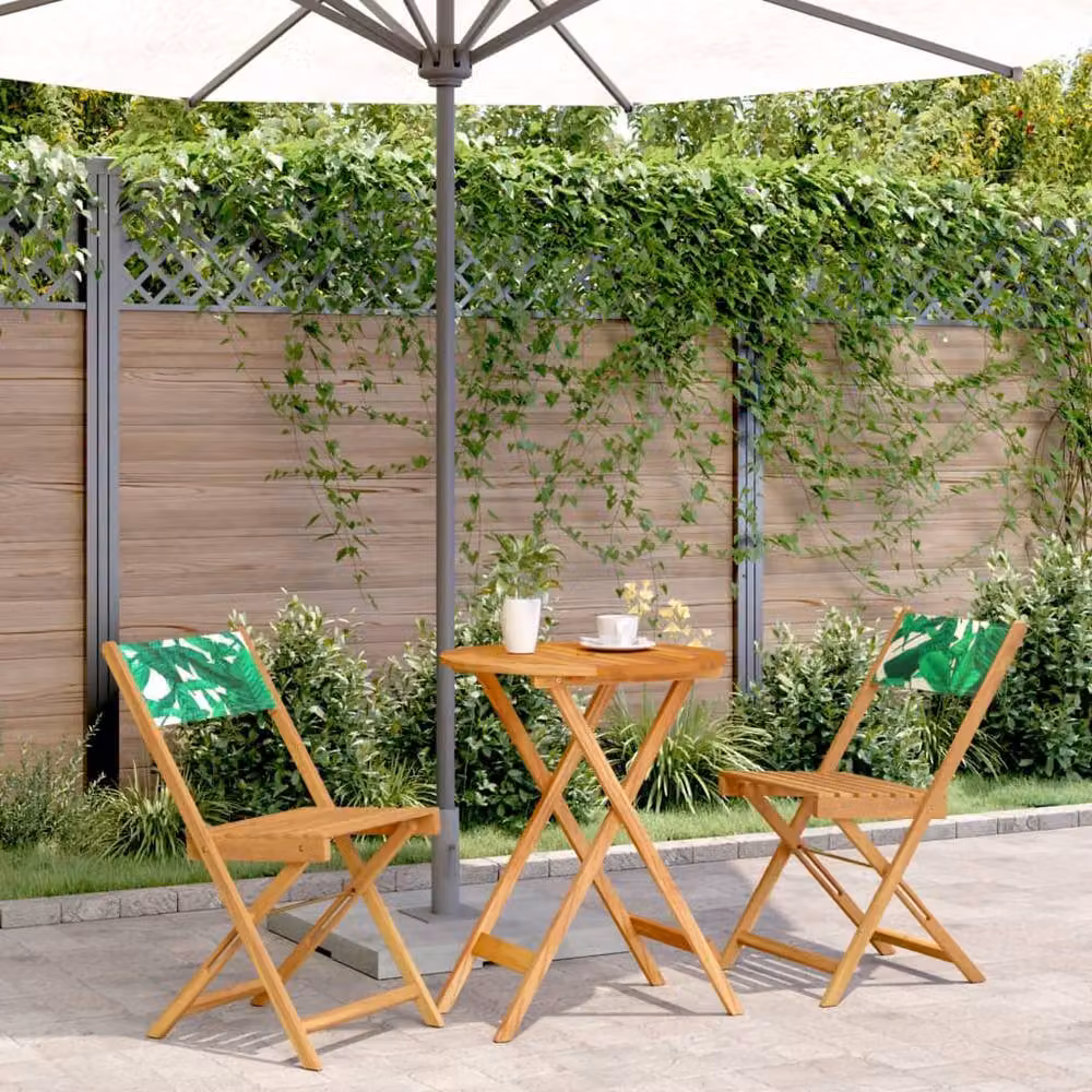 Berkfield Home Beautiful 3 Piece Bistro Set in Light Brown Acacia Wood with Leaf Pattern Fabric – 2