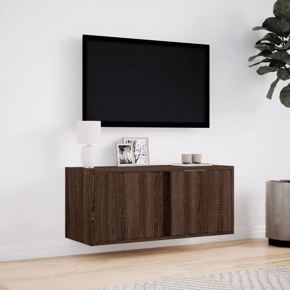 Berkfield Home TV Wall Cabinet with LED Lights in Brown Oak, W/D/H: 80 x 31 x 35 cm – 4