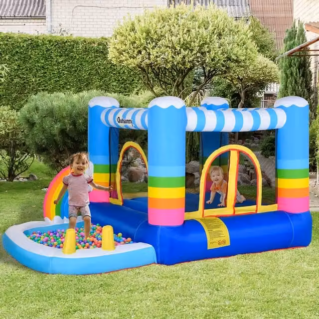 Outsunny Kids Castle Trampoline with Slide, Pool and Safety Net in Multicolour and Blue