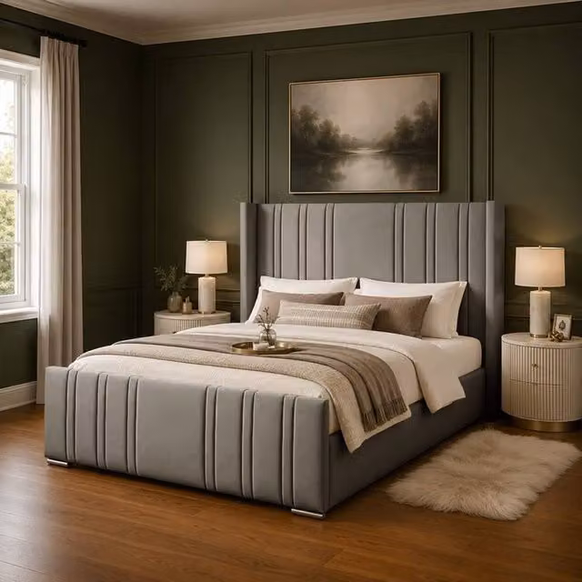 Desire Deco Luxury Gerald Wingback Upholstered Velvet Bed Frame in Grey, Size: 140 x 200 cm