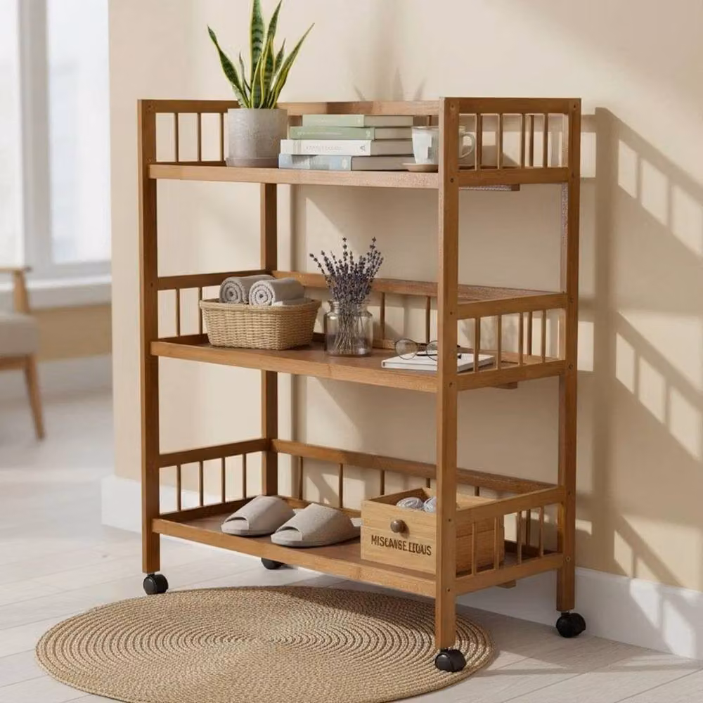 Kelvenix Rustic 3 Tier Bamboo Bathroom Trolley Cart in Brown, W: 100 cm, D: 60 cm – 4