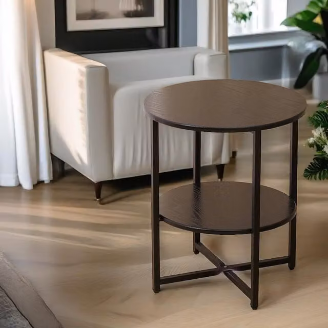 Pirlo Plush Industrial 2 Tier Round Coffee Table in Walnut Brown