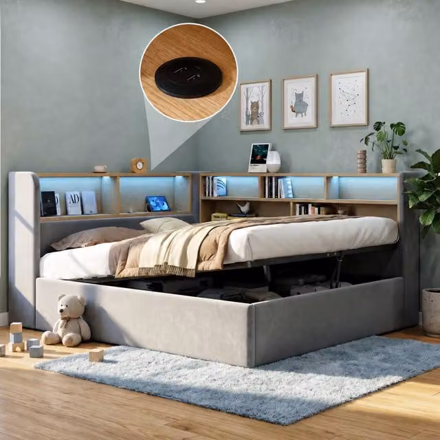 Matteo Grey Velvet Double Daybed with Hydraulic Storage, LED Reading Light and USB Charging Port – 1