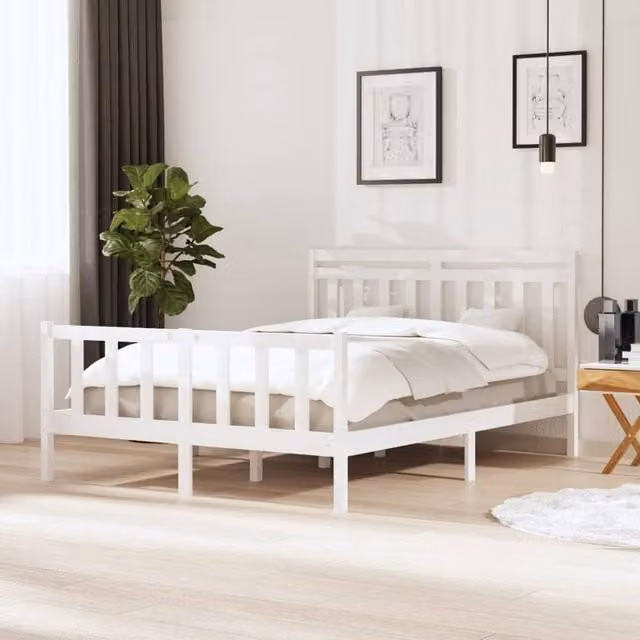 Berkfield Home King Size Solid Pine Wood Bed Frame in White, W/D/H: 150 x 200 cm – 1
