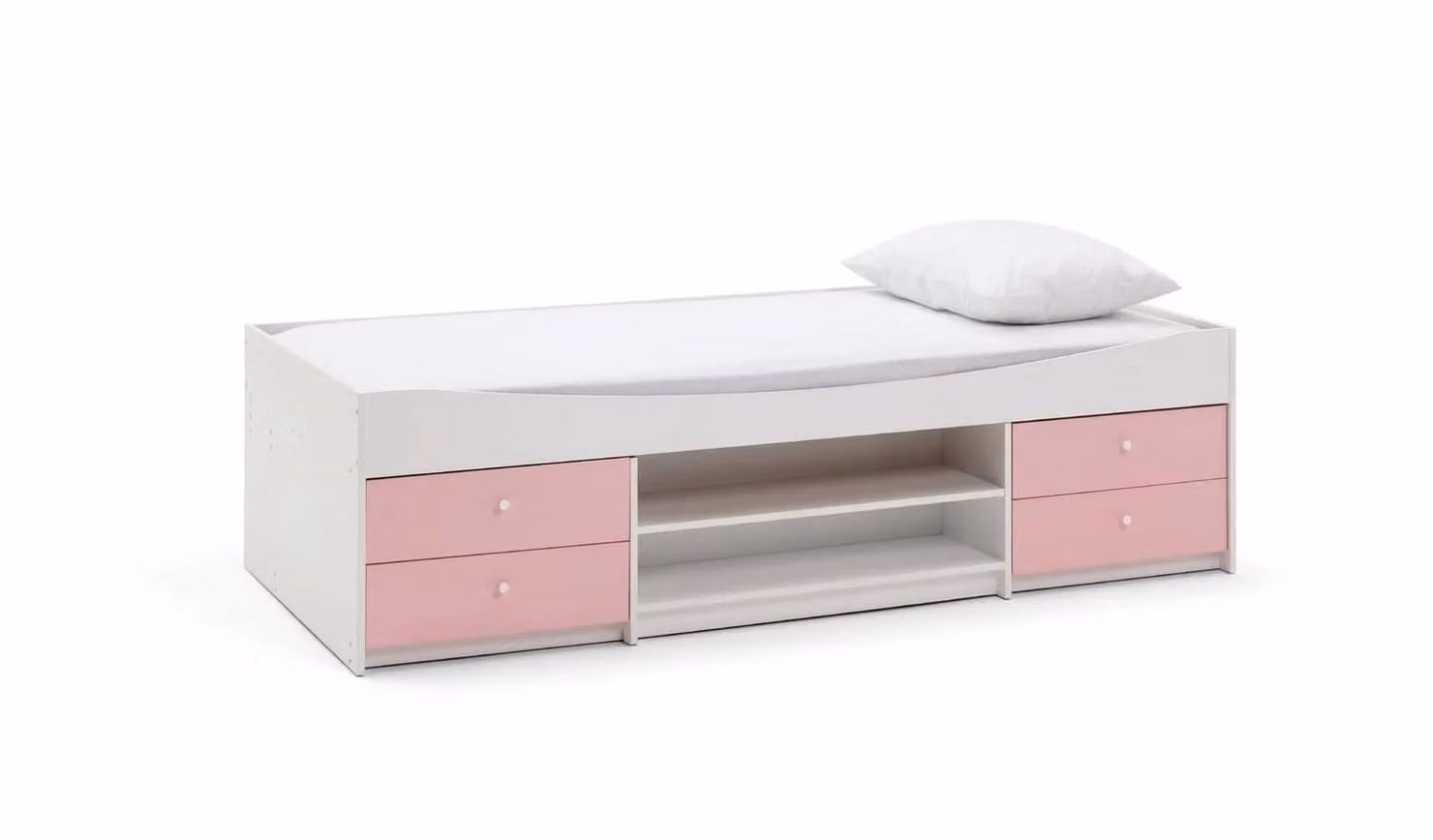 Malibu Pink and White Childrens Storage Cabin Bed with Drawers and Bedside Shelf