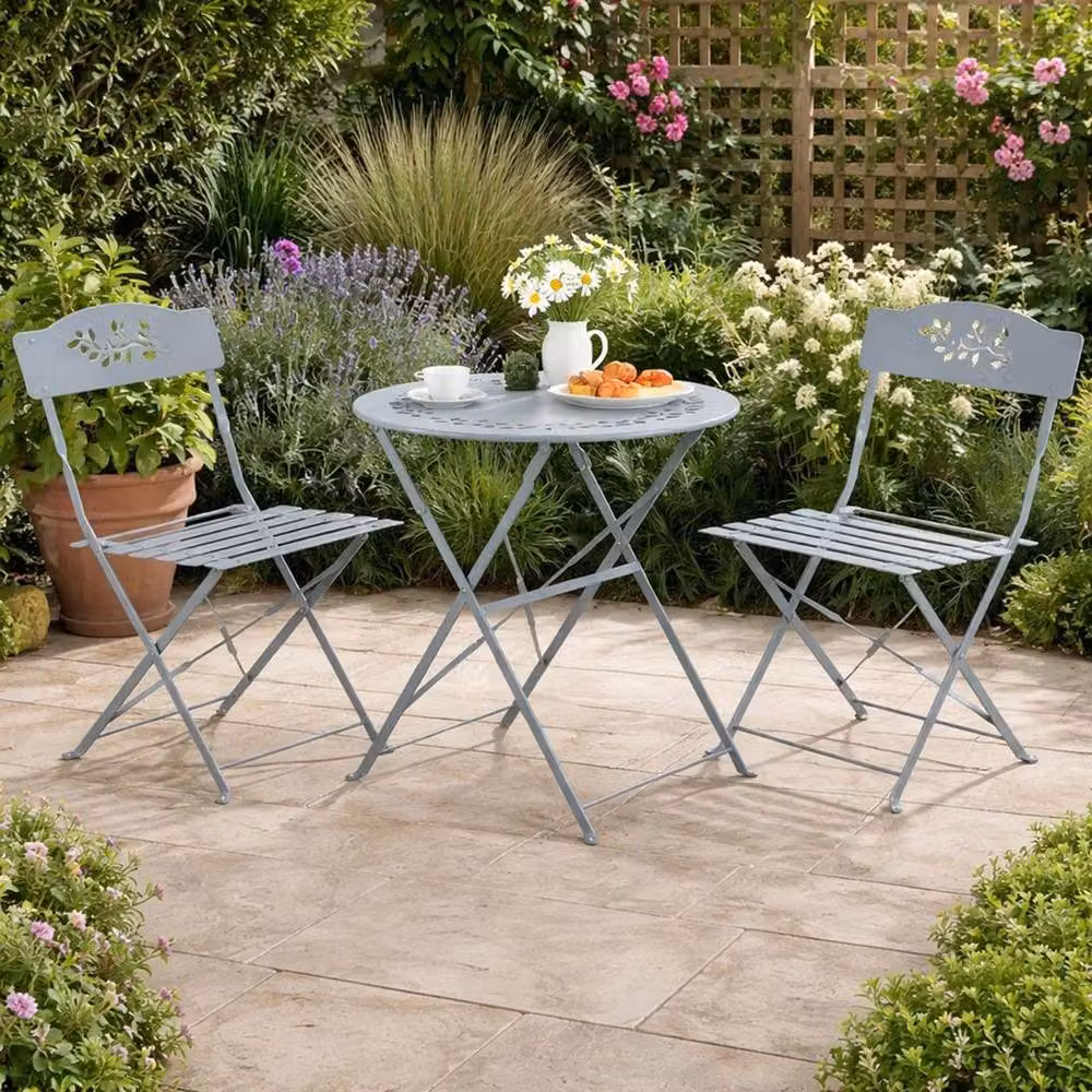 FLAVORA 3 Piece Grey Metal Leaf Bistro Garden Furniture Set – 3