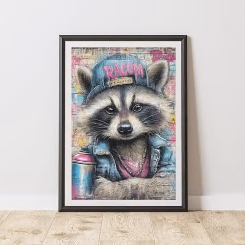 60 Second Makeover Raccoon Graffiti Urban Street Art Poster, Multicolour, A4