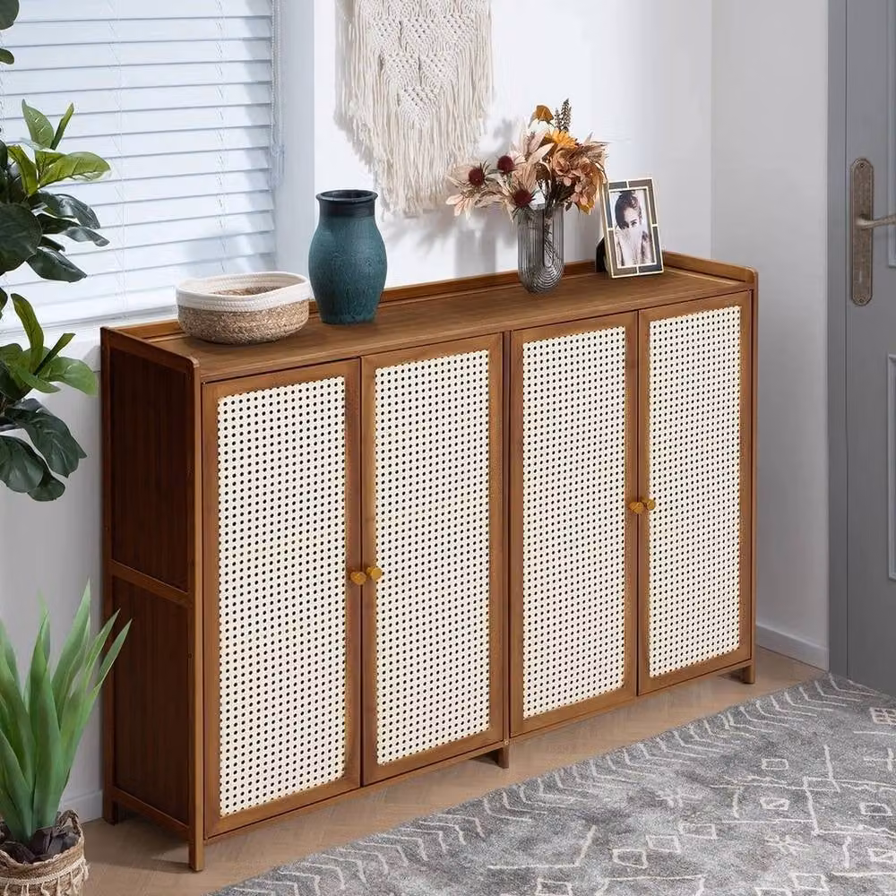 EONLION Brown Rattan Shoe Cabinet Storage Organiser with 4 Hinged Doors, Width: 100 cm – 3