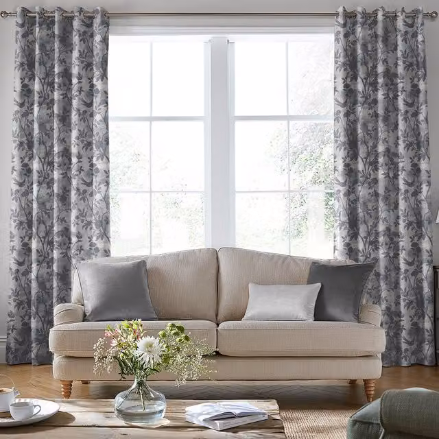 Laura Ashley Eglantine Silhouette Woven Made to Measure Blackout Eyelet Curtain Panel in Grey Floral Design