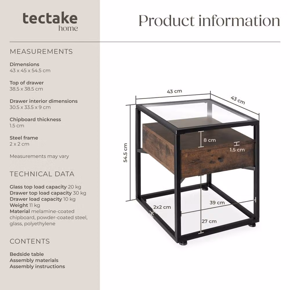 tectake Minimalist Nightstand with Glass Surface and Drawer in Brown – 6