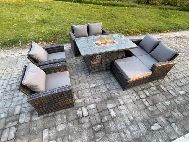 Fimous 7 Seater Rattan Garden Furniture Set with Gas Firepit Dining Table and Double Seat Sofa in Dark Grey