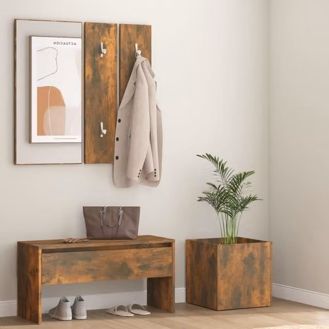 Berkfield Home Hallway Furniture Set in Smoked Oak Brown, featuring a Bench, Mirror and Wall Rack – 1