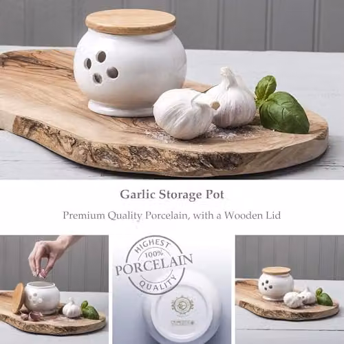 WM Bartleet & Sons 1750 Traditional Porcelain Garlic Storage Pot with Wooden Lid, White – 3
