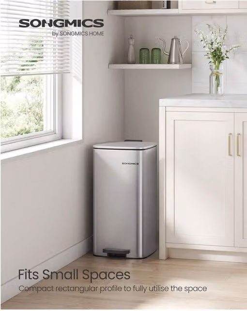 SONGMICS 30L Soft Close Steel Pedal Bin with Removable Inner Bucket, Silver, H 42.1 cm x W 28.5 cm x D 30 cm