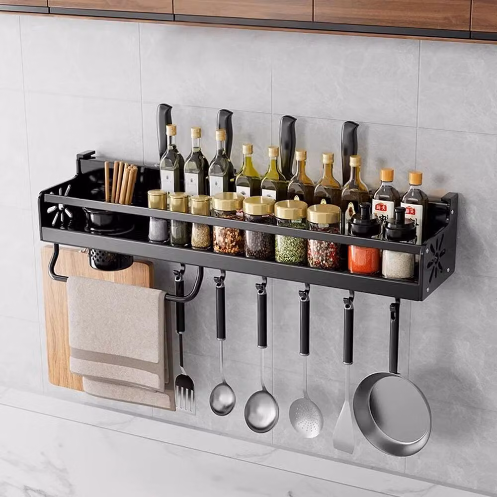 VOGREX Black Carbon Steel Wall Mounted Kitchen Storage Rack with Hooks – 2