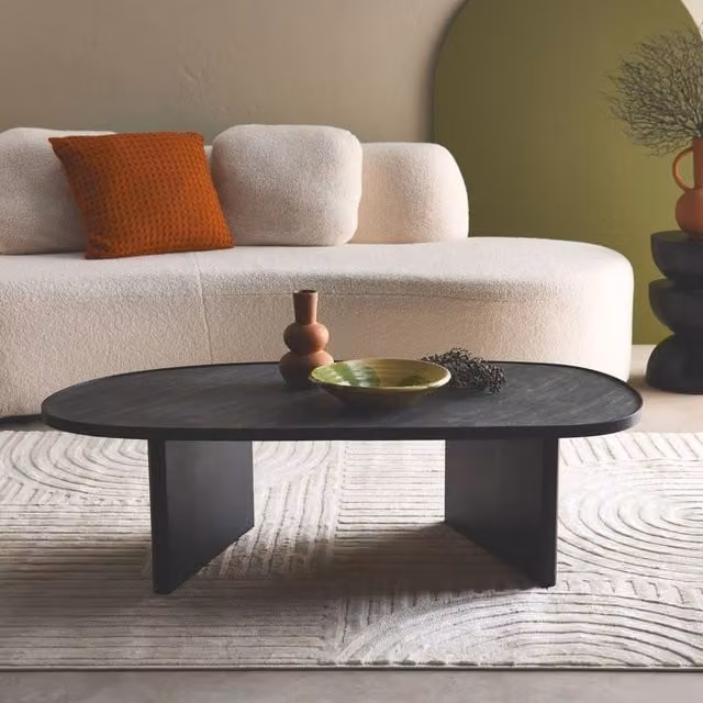sweeek Oval Coffee Table in Black Mango Wood and Stone Veneer, W/D/H: 60 x 35 x 17 cm – 1
