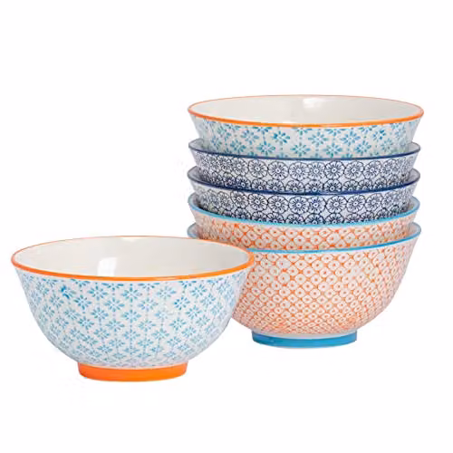 Nicola Spring Hand-Printed Porcelain Cereal Bowls, Multicolour, Pack of 6, Diameter: 16 cm
