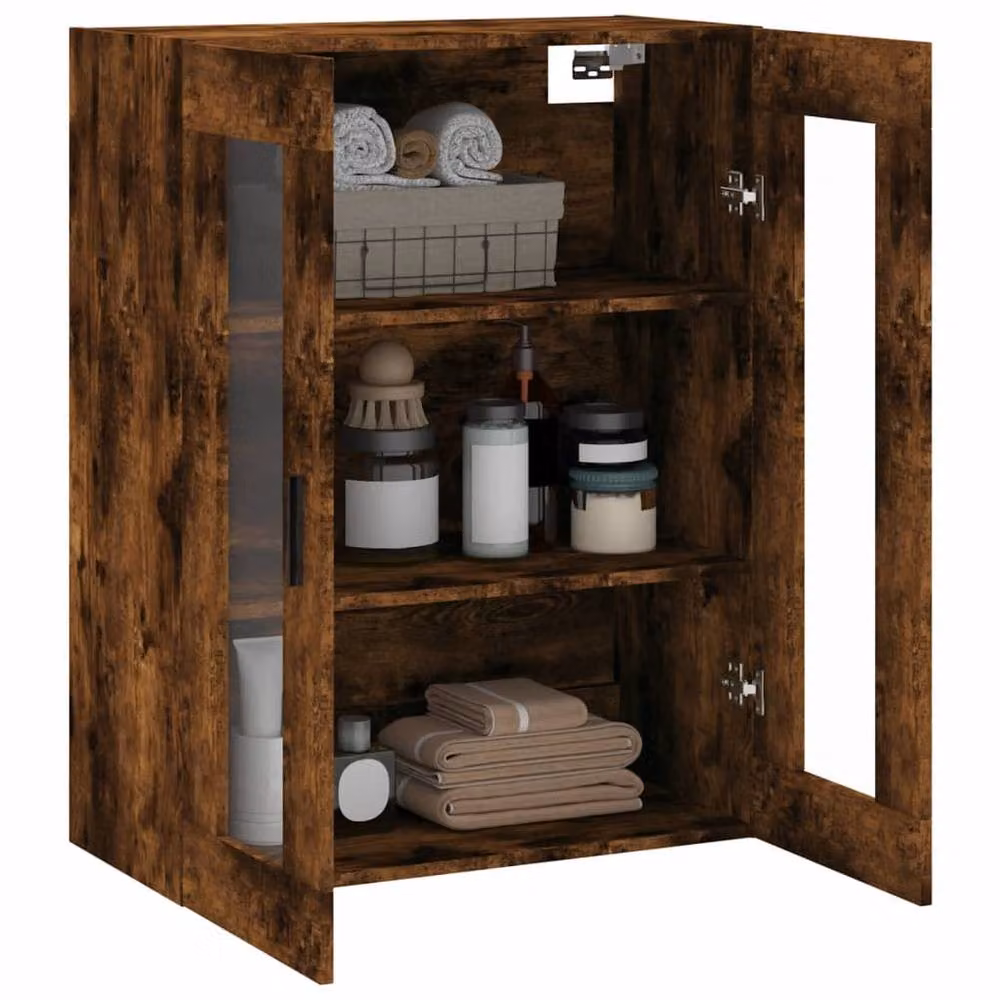 Berkfield Home Wall Mounted Smoked Oak Cabinet with Glass Doors, Brown, W/D/H: 69.5 x 34 x 90 cm – 5