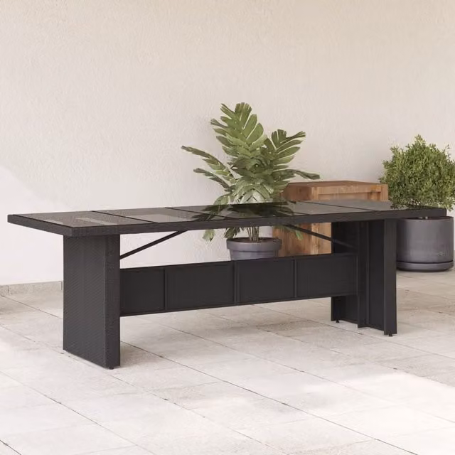 Berkfield Home Modern Black Poly Rattan Garden Table with Glass Top, W/D/H: 240 x 90 x 75 cm