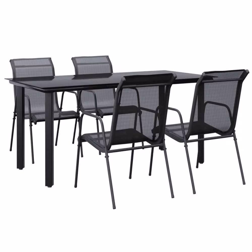 Berkfield Home 5 Piece Garden Dining Set in Black Matt Powder Coated Steel and Textilene with Glass Tabletop – 2