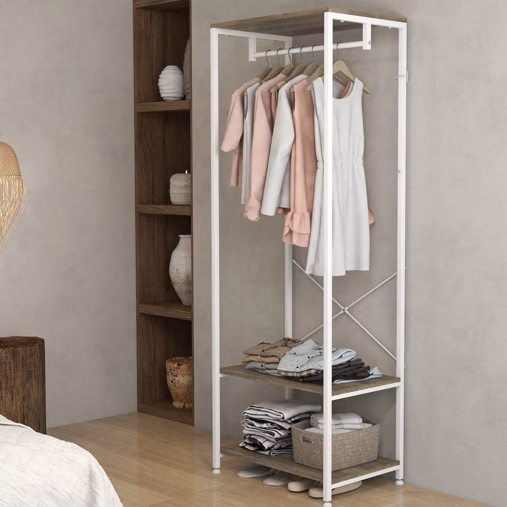 Havendro Modern White Metal Hall Tree with Shoe Storage and Continuous Linear Rail, H 167.5 x W 60.0 cm – 2