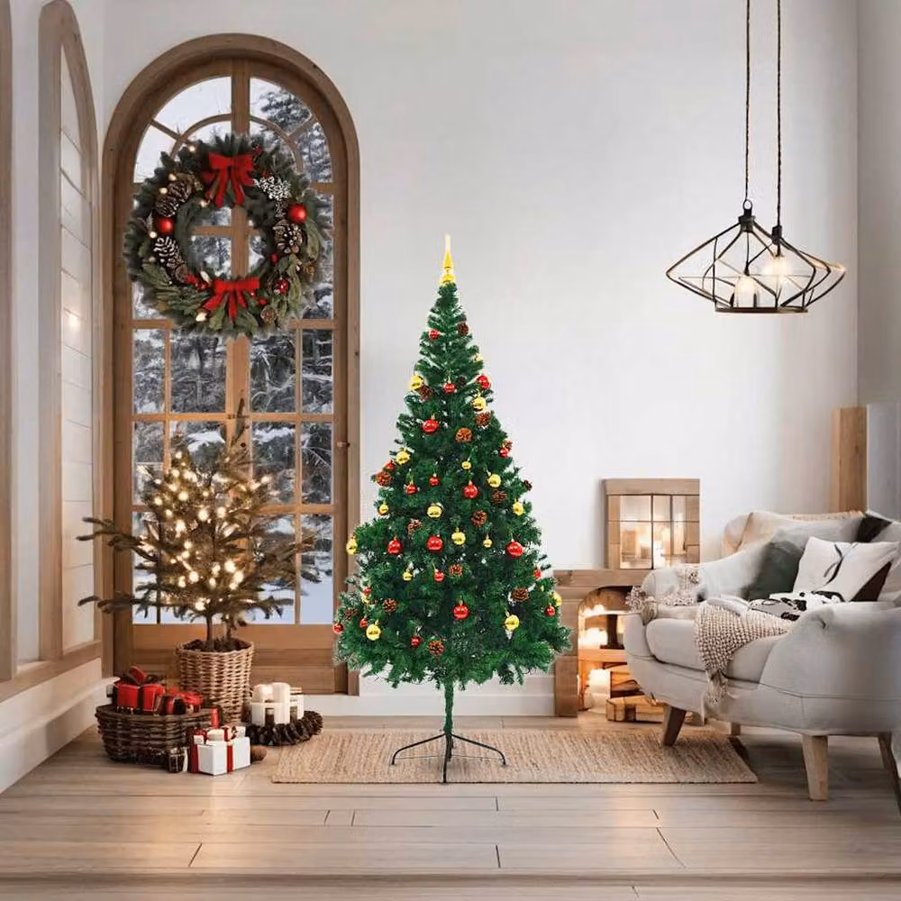 Berkfield Home Pre-lit Artificial Christmas Tree with Baubles in Green, Gold and Red, Height: 180 cm – 3