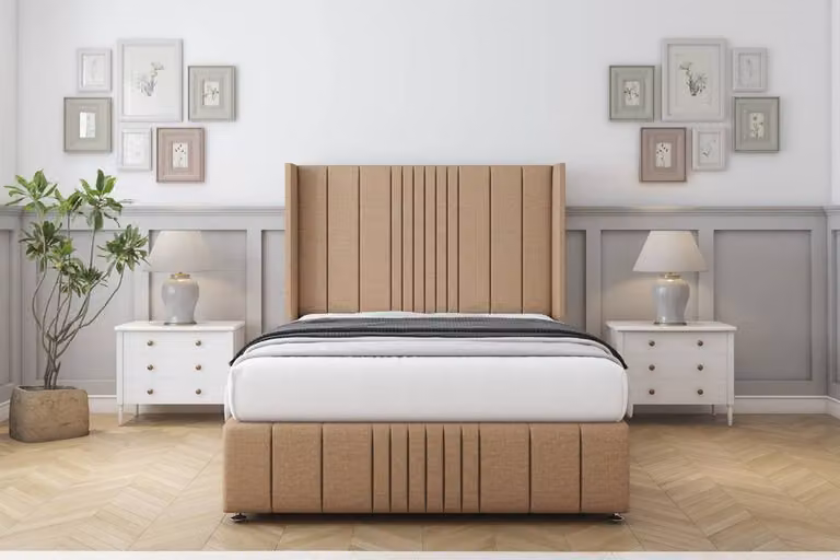 Sloomy Hargrave Dumfries Divan Set with Wingback Headboard and Footboard in Light Brown, King Size, W/D/H: 180 x 200 cm