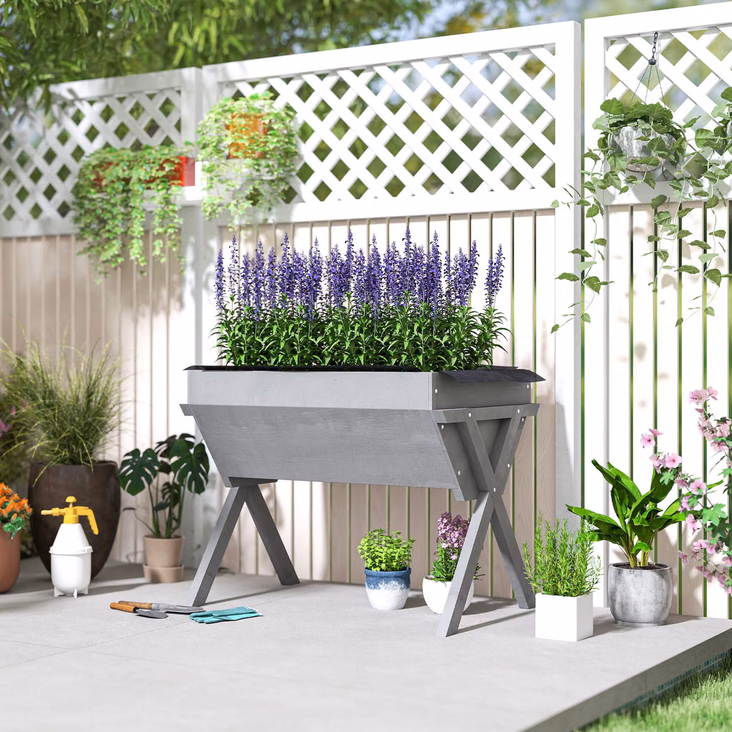 Outsunny Wooden Raised Garden Bed with Bed Liner in Light Grey – 4
