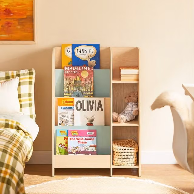 SoBuy Childrens Bookcase with Side Shelf in Natural and Green with Adjustable Shelves
