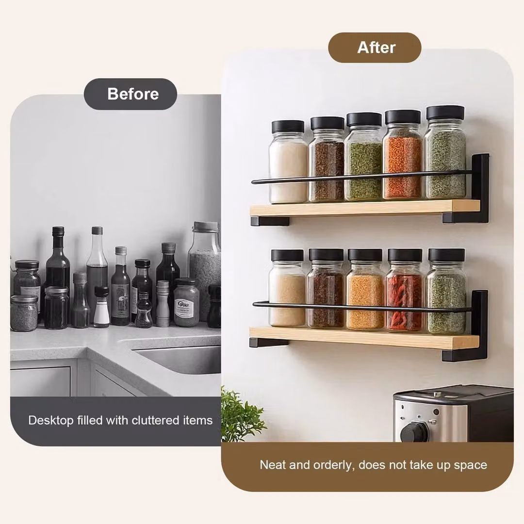 Hinsinc 2-Pack Brown Wooden Wall Mounted Kitchen Spice Racks, W/D/H: 40 x 9 x 7 cm – 3