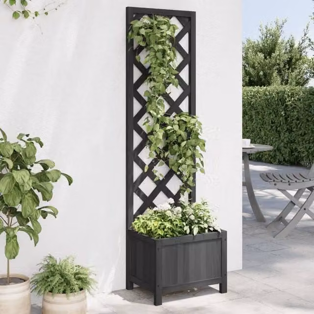 Berkfield Home Black Solid Wood Fir Planter with Trellis – 1