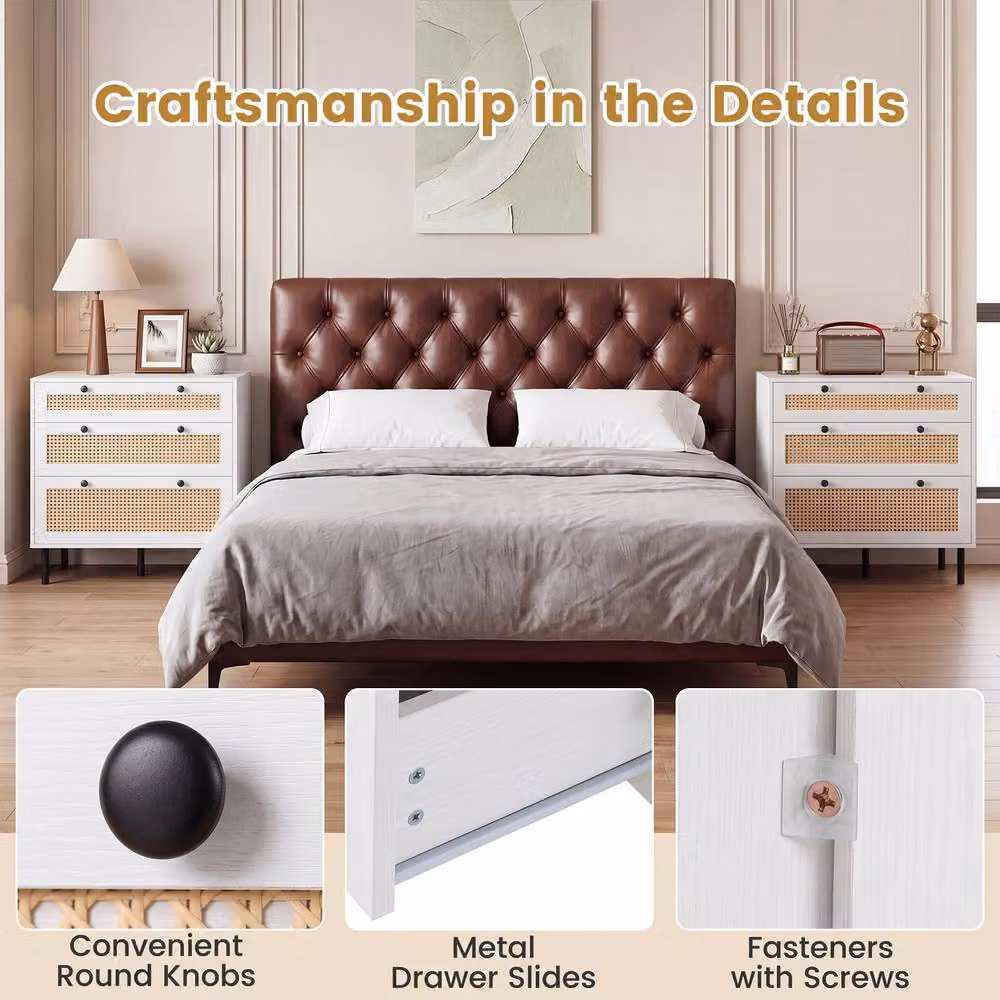 Gymax Boho Rattan Modern Chest of Drawers with 5 Metal Legs in White, Width: 75 cm – 4