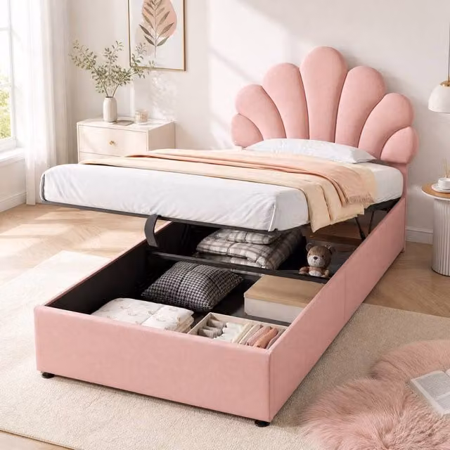 STILVORA Pink Velvet 3ft Single Ottoman Bed with Storage, W/D/H: 90 x 190 x 220 cm