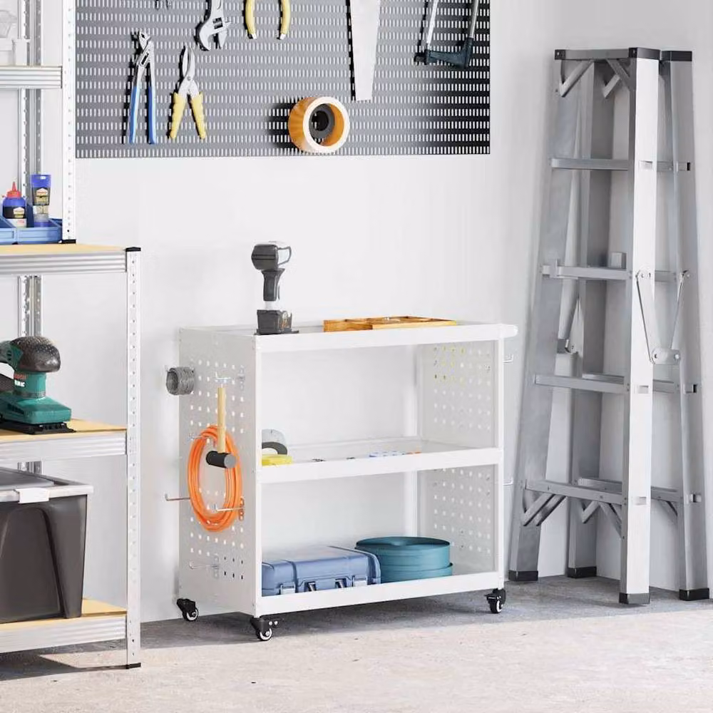 Berkfield White Steel Tool Trolley with Lockable Wheels and Storage Shelf – 2