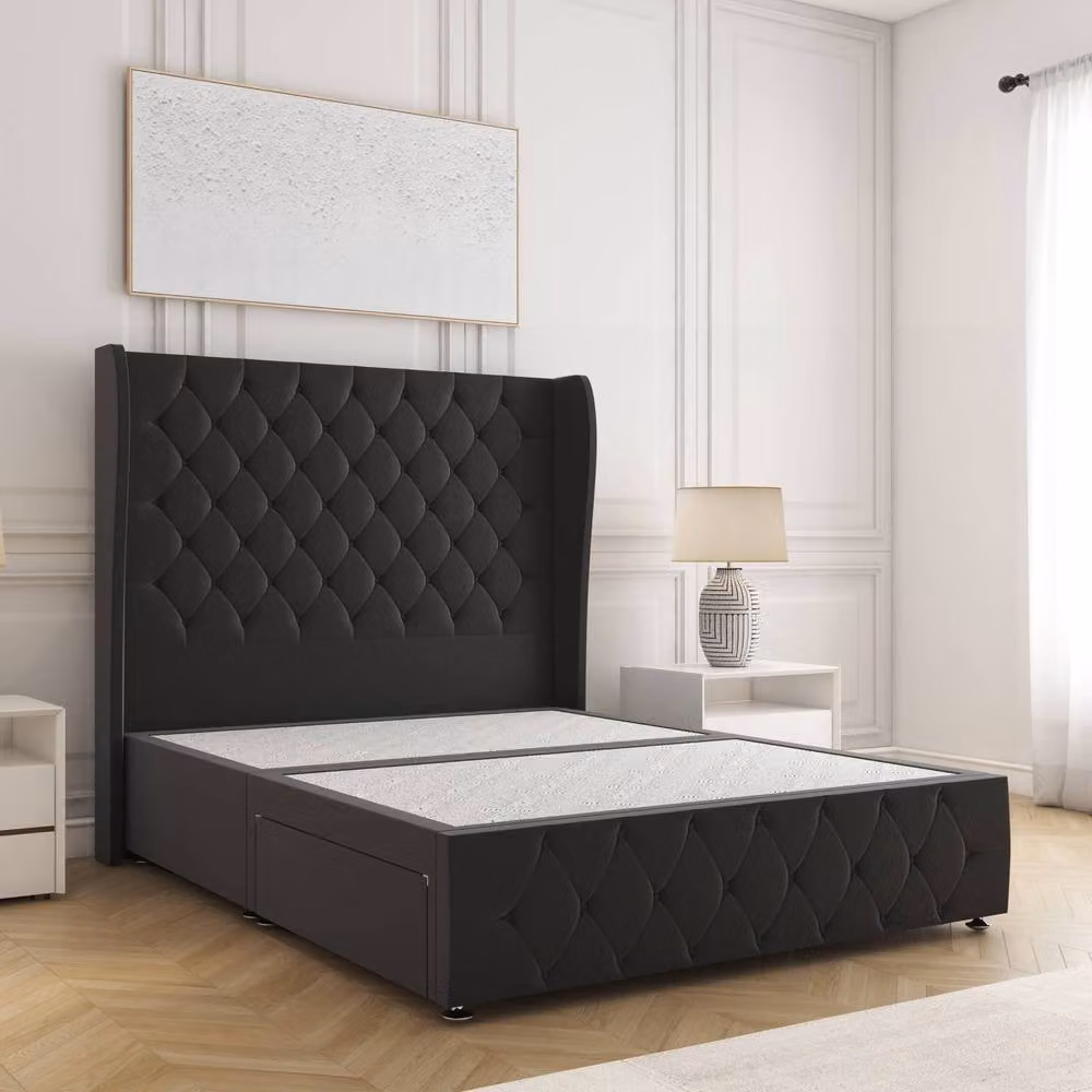 BSSPOKE Faye Velvet Small Double Divan Bed with 54 inch Headboard and 2 Drawers in Black, W/D/H: 120 x 200 x 30.48 cm