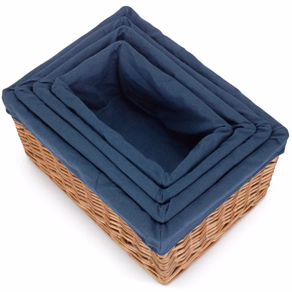 Red Hamper Set of 4 Double Steamed Navy Cotton Lined Willow Storage Baskets in Blue – 3