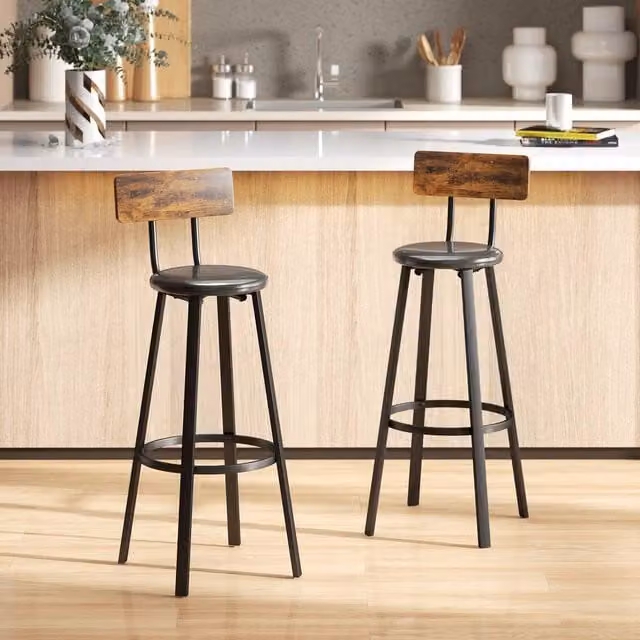HOMCOM Set of 2 Industrial Barstools with Padded Synthetic Leather Backrest in Rustic Brown and Black