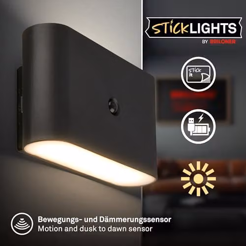 Briloner Rechargeable LED Wall Light with Motion Sensor and Up & Down Lighting, Black, W/D/H: 16 x 9.5 x 6.5 cm – 2
