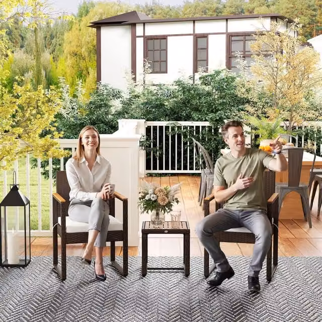 Outsunny 3-Piece Rattan Conversation Set with Acacia Wood Table in White