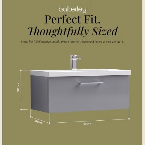 Balterley Wall Hung Single Drawer Vanity Unit with Mid Edge Sink and Handle, Grey, W: 81.0 cm, D: 39.0 cm, H: 39.9 cm – 2