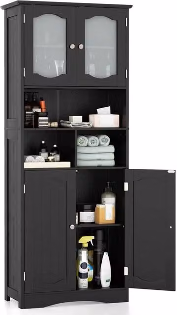 KORVIXA Modern Black Freestanding Bathroom Cabinet with Glass Doors and Internal Shelves, W: 60 cm, H: 75 cm – 1