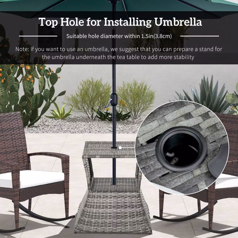 OUTSUNNY Grey Rattan Side Table with Umbrella Hole for Outdoor Garden and Bistro Use – 4