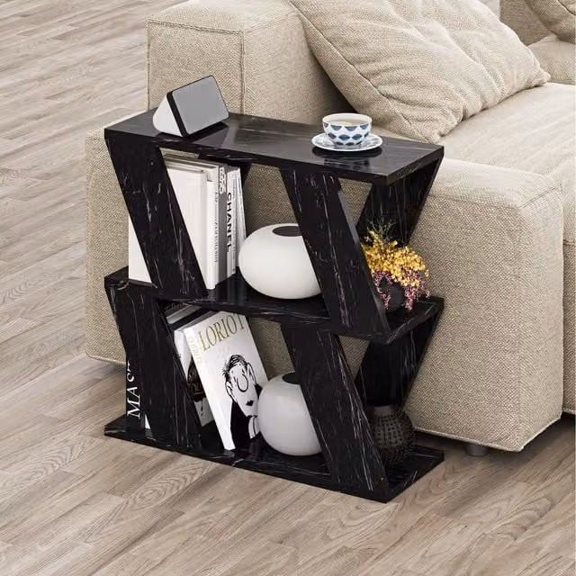 Decortie Modern 3-Tier Zigzag Side Table in Black Marble Effect