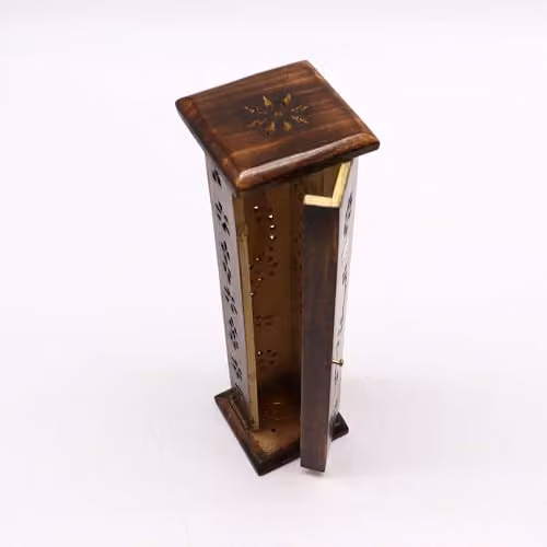 KDMD Square Tabletop Incense Tower with Brass Inlay in Brown Mango Wood – 3