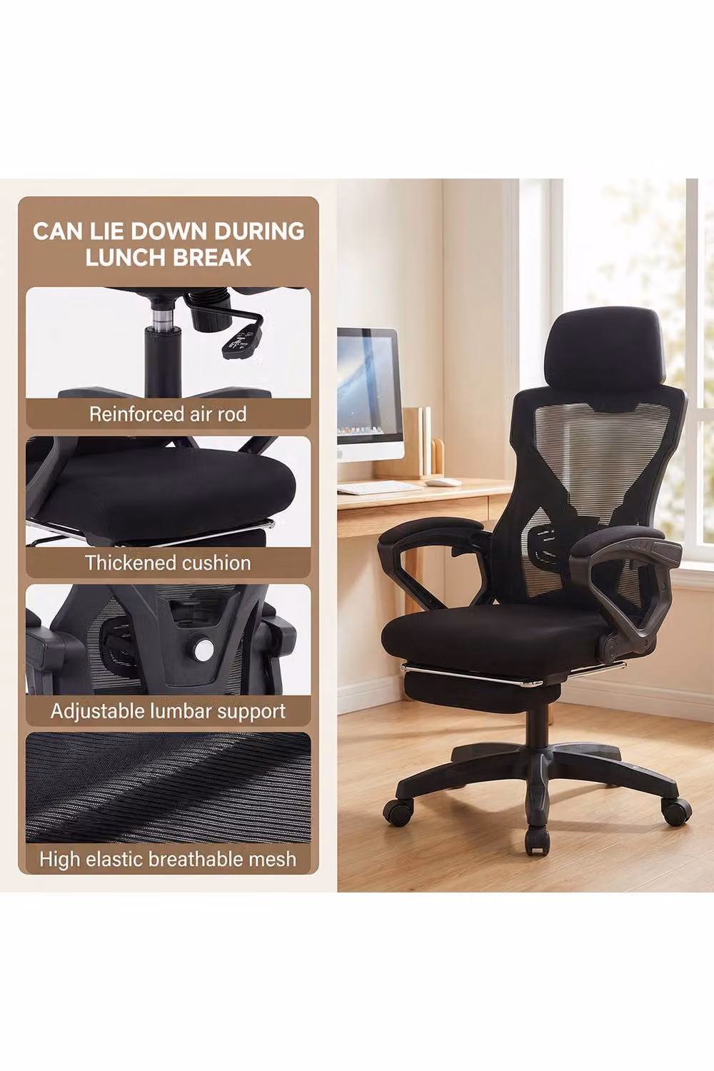 Living and Home Adjustable High Back Mesh Office Task Chair with Footrest, Headrest and Lumbar Support in Black – 3