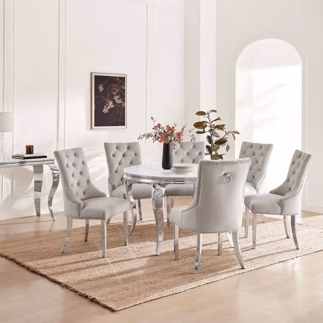 FurnitureboxUK Skye Round Marble Effect Dining Table and 6 Grey Belgravia Chairs